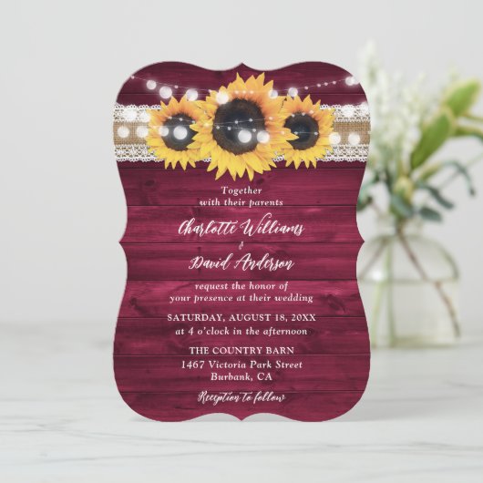 Rustic Burgundy Sunflower Wood Wedding 招待状 (スタンド正面)