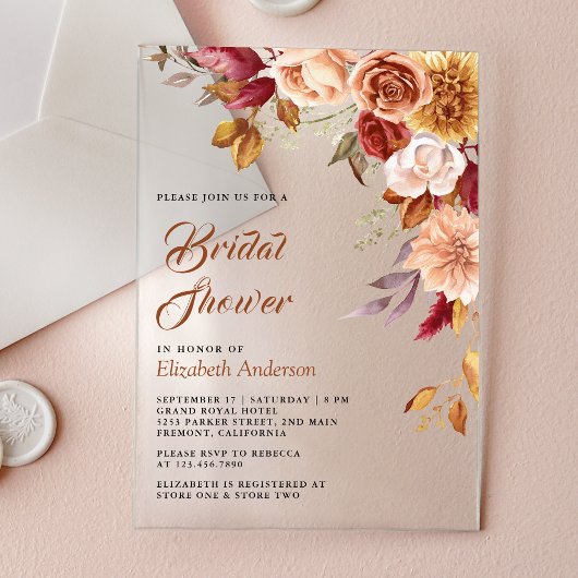 Rustic Burgundy Terracotta Floral Bridal Shower アクリル招待状