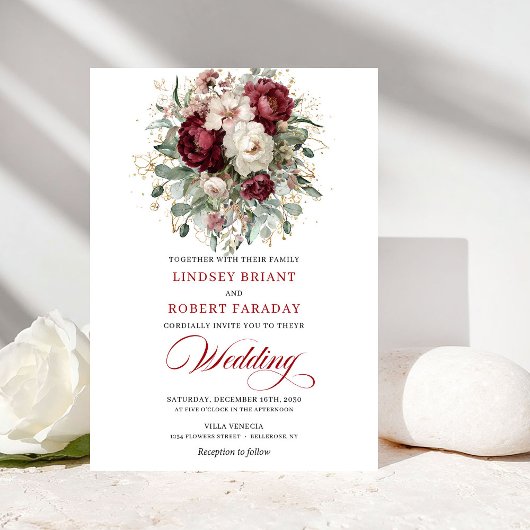 Rustic Burgundy White Floral Eucalyptus Gold Weddi 招待状