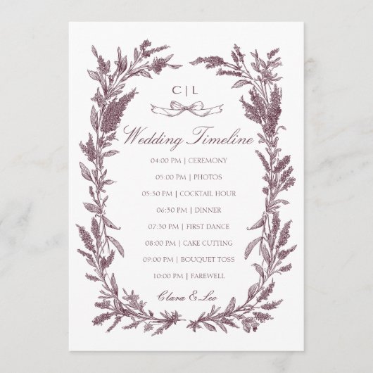 Rustic Burgundy Wildflower Wreath Wedding Timeline プログラム (正面)