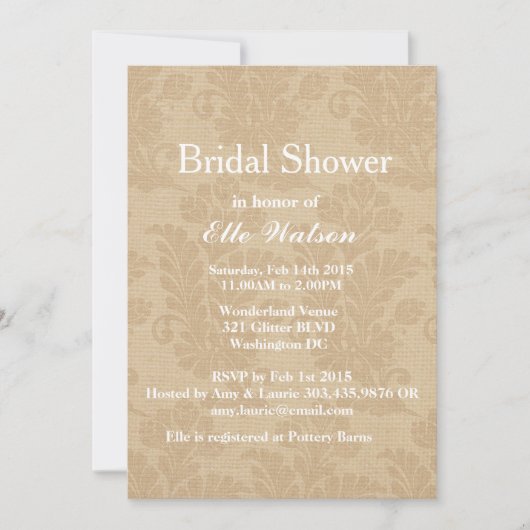 Rustic Burlap Bridal Shower Invitations, Custom 招待状 (正面)
