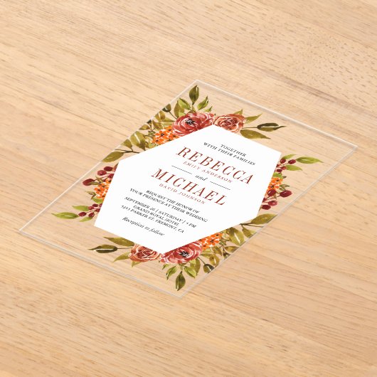 Rustic Burnt Orange Floral Autumn Fall Wedding アクリル招待状 (レイダウン)