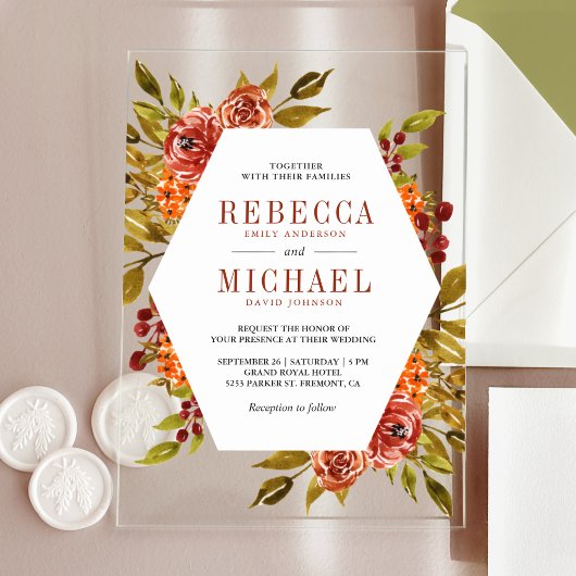 Rustic Burnt Orange Floral Autumn Fall Wedding アクリル招待状