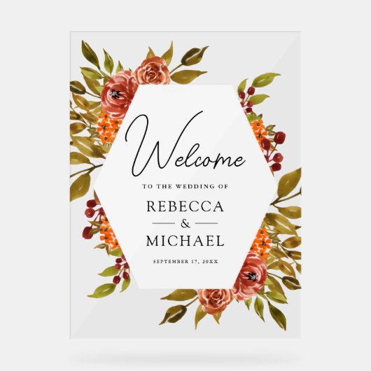 Rustic Burnt Orange Floral Wedding Welcome アクリルサイン (正面)