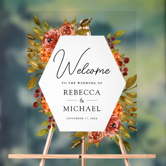 Rustic Burnt Orange Floral Wedding Welcome アクリルサイン (ニュートラル)