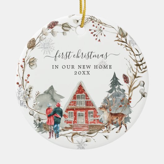 Rustic Cabin | 初めてのクリスマス新居記念の陶器オーナメント セラミックオーナメント (正面)