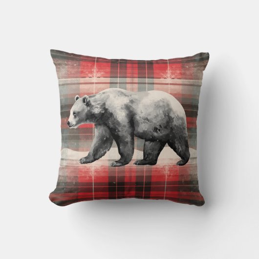 Rustic Cabin Lodge Bear on Red Plaid クッション (正面)