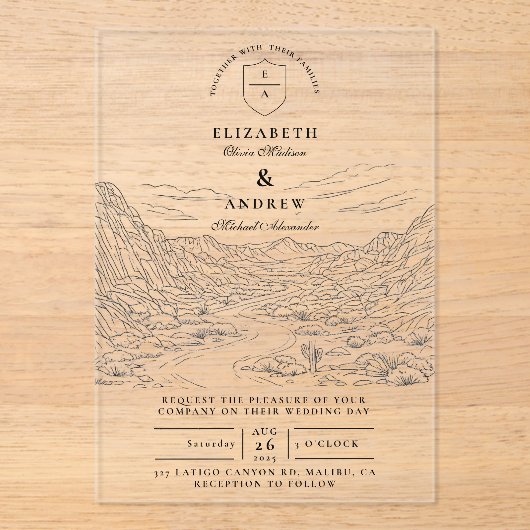 Rustic Cactus Desert Landscape Wedding アクリル招待状 (正面)