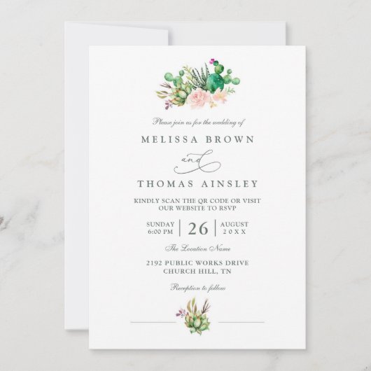 Rustic Cactus Rose Elegant Modern QR Code Wedding 招待状 (正面)