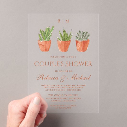 Rustic Cactus Terracotta Pots Couple's Shower アクリル招待状 (インサイチュ (ポータブル))