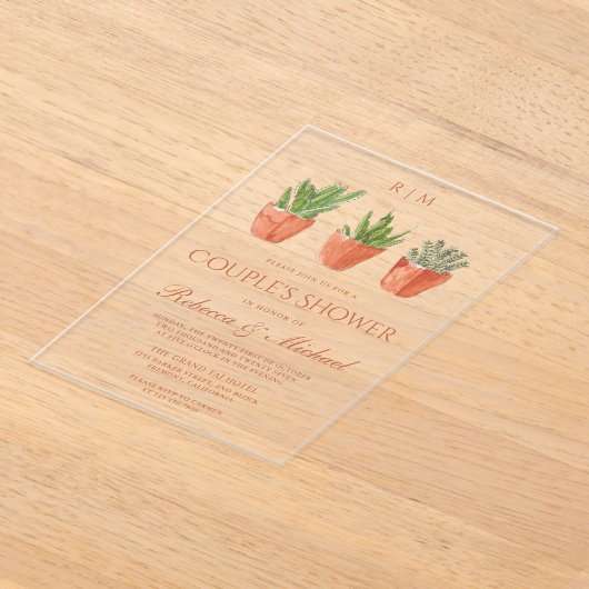 Rustic Cactus Terracotta Pots Couple's Shower アクリル招待状 (レイダウン)