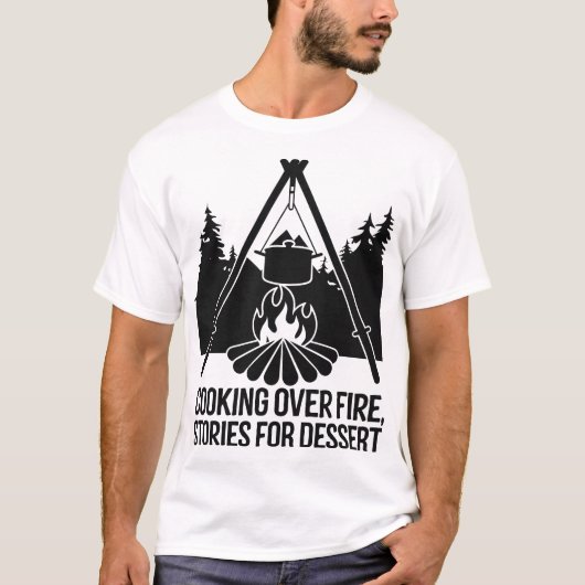 Rustic Campfire Cooking Under Pine Forest Night Tシャツ (正面)