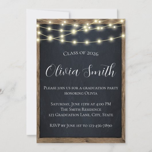 Rustic Chalkboard & String Lights Graduation Party 招待状 (正面)