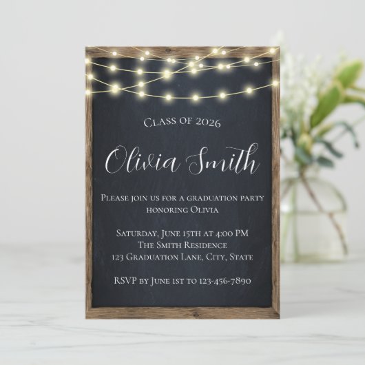 Rustic Chalkboard & String Lights Graduation Party 招待状 (スタンド正面)