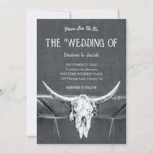Rustic Charcoal Grey Western Texture Bull Skull 招待状 (正面)