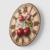 Rustic Cherry Gingham Bow Farmhouse Kitchen ラージ壁時計 (傾斜)