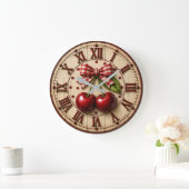 Rustic Cherry Gingham Bow Farmhouse Kitchen ラージ壁時計 (ホーム)