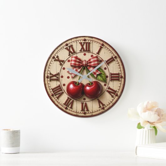 Rustic Cherry Gingham Bow Farmhouse Kitchen ラージ壁時計 (ホーム)