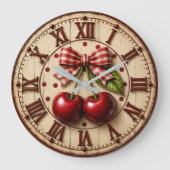 Rustic Cherry Gingham Bow Farmhouse Kitchen ラージ壁時計 (正面)