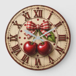 Rustic Cherry Gingham Bow Farmhouse Kitchen ラージ壁時計