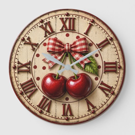 Rustic Cherry Gingham Bow Farmhouse Kitchen ラージ壁時計 (正面)