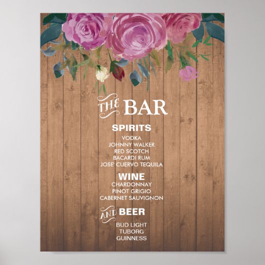 Rustic chic Bar Menu Sign | Wedding party bar ポスター (正面)