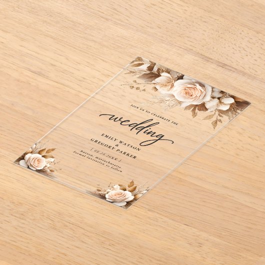 Rustic Chic Boho Blush Floral Wedding アクリル招待状 (レイダウン)