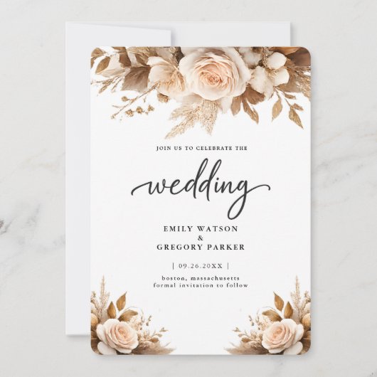 Rustic Chic Boho Blush Floral Wedding 招待状 (正面)