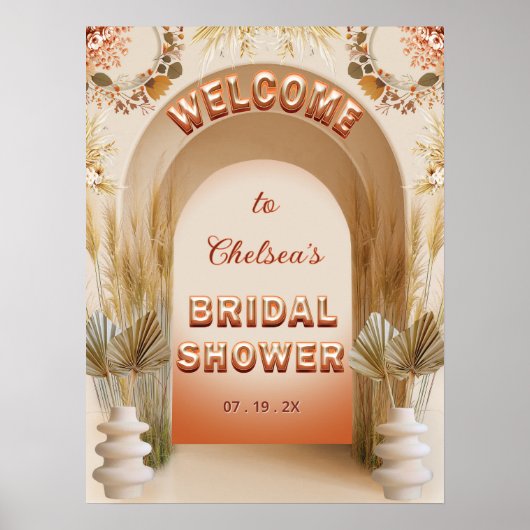 Rustic Chic Boho Pampas Bridal Shower Welcome Sign ポスター (正面)