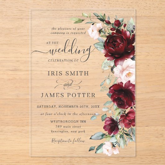 Rustic Chic Burgundy Blush Pink Floral Wedding アクリル招待状 (正面)