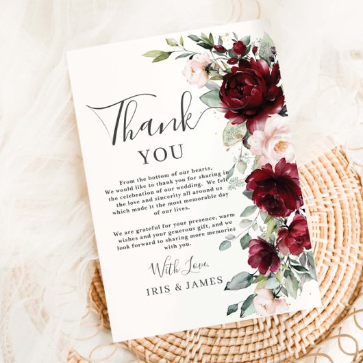 Rustic Chic Burgundy Blush Pink Floral Wedding サンキューカード