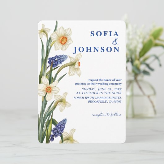 Rustic Chic navy blue and white floral Wedding  招待状 (スタンド正面)