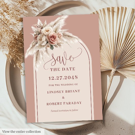 Rustic Chic Pink Pampas Grass Arch Save the Date 招待状