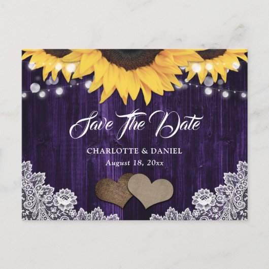 Rustic Chic Sunflower Purple Wedding Save The Date 案内ポストカード (正面)