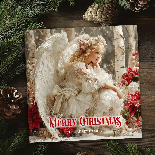 Rustic Christmas angel red poinsettias seasonal   シーズンカード