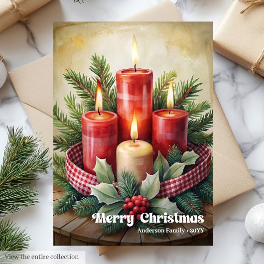 Rustic Christmas candles card red green holiday シーズンカード