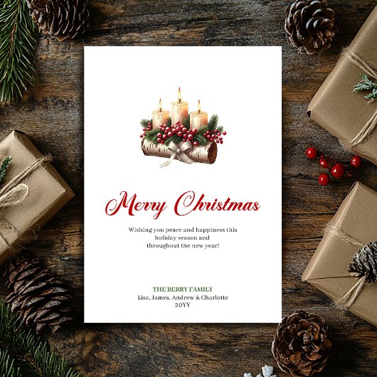 Rustic Christmas candles on wooden log card シーズンカード