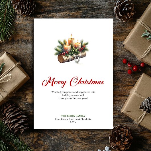 Rustic Christmas candles pine holly design card シーズンカード