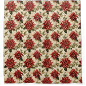 Rustic Christmas Curtain Red Vintage Poinsettia シャワーカーテン (正面)