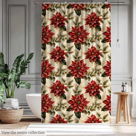 Rustic Christmas Curtain Red Vintage Poinsettia シャワーカーテン