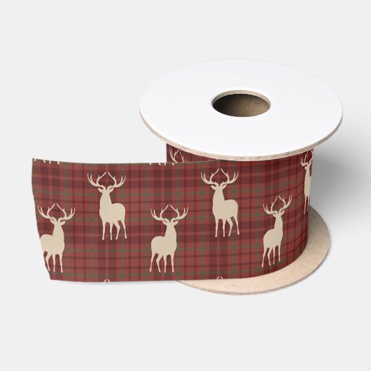 Rustic Christmas Deer Pattern Red Satin Ribbon サテンリボン (リール)