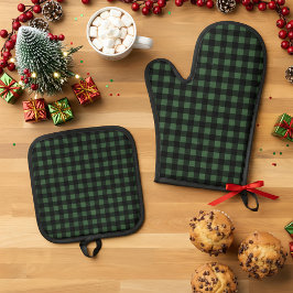 Rustic Christmas Green & Black Buffalo Plaid 鍋つかみ&鍋敷きセット