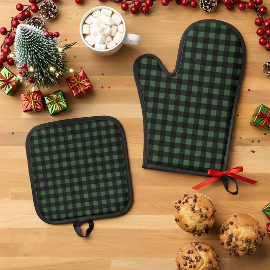 Rustic Christmas Green & Black Buffalo Plaid 鍋つかみ&鍋敷きセット