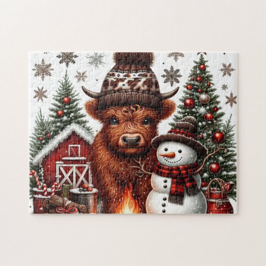 Rustic Christmas Highland Cow ジグソーパズル (横)