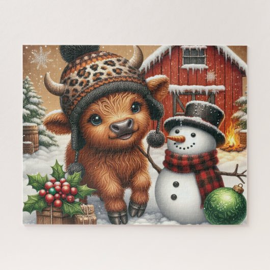 Rustic Christmas Highland Cow Jigsaw Puzzle ジグソーパズル (横)