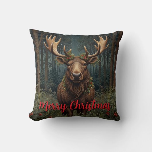 Rustic Christmas moose deer boho woodland forest クッション (正面)