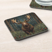 Rustic Christmas moose deer boho woodland forest  コースター (左側)