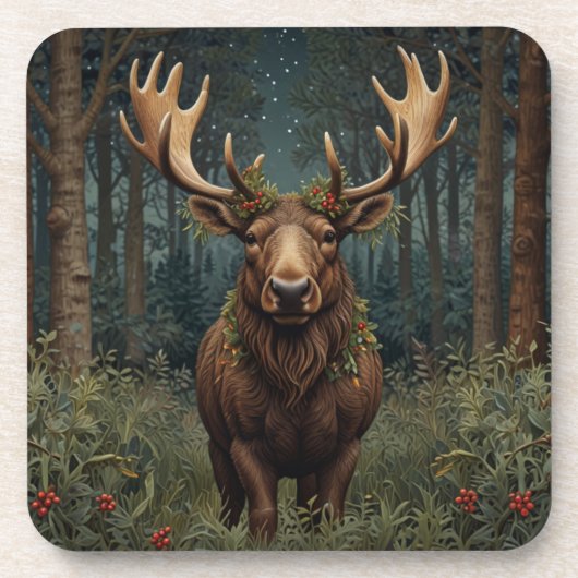 Rustic Christmas moose deer boho woodland forest  コースター (正面)
