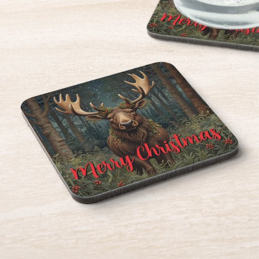 Rustic Christmas moose deer boho woodland forest  コースター (左側)