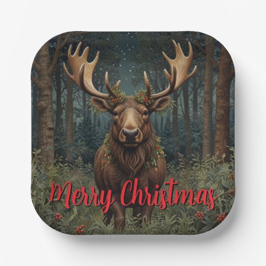 Rustic Christmas moose deer boho woodland forest  ペーパープレート (正面)